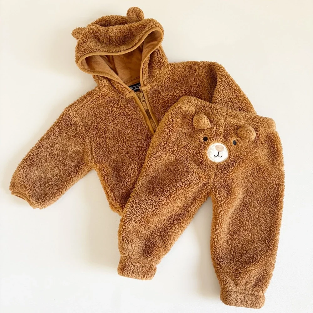 The Children's Place Baby Brown Sherpa Fleece Bear Ear Hoodie Jogger Set 3-6M
